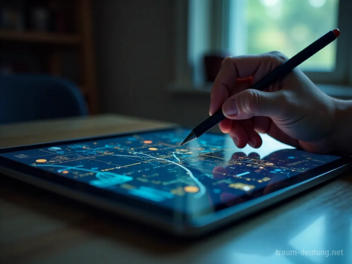 Hand benutzt Stift auf Tablet-Bildschirm mit abstrakten Formen