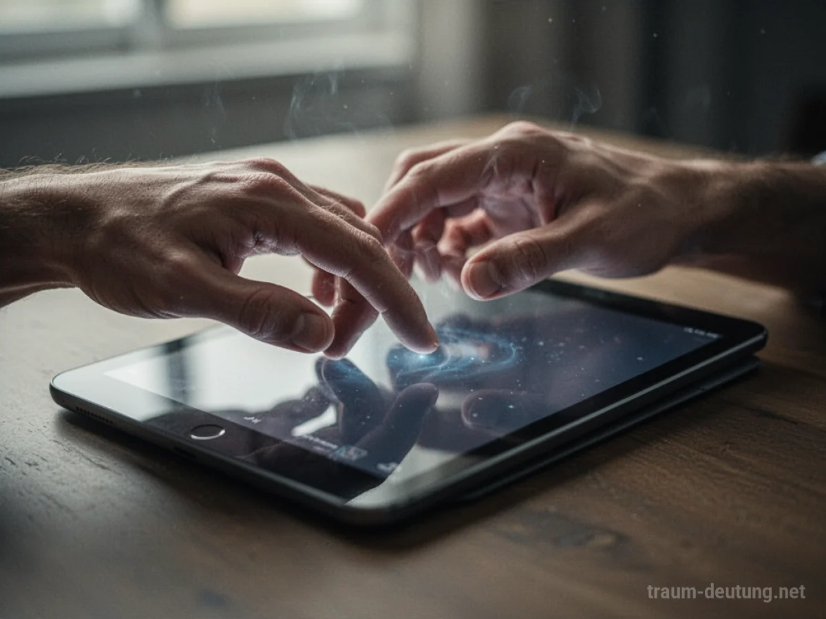 Eine Hand versucht vergeblich, ein modernes Tablet zu bedienen.