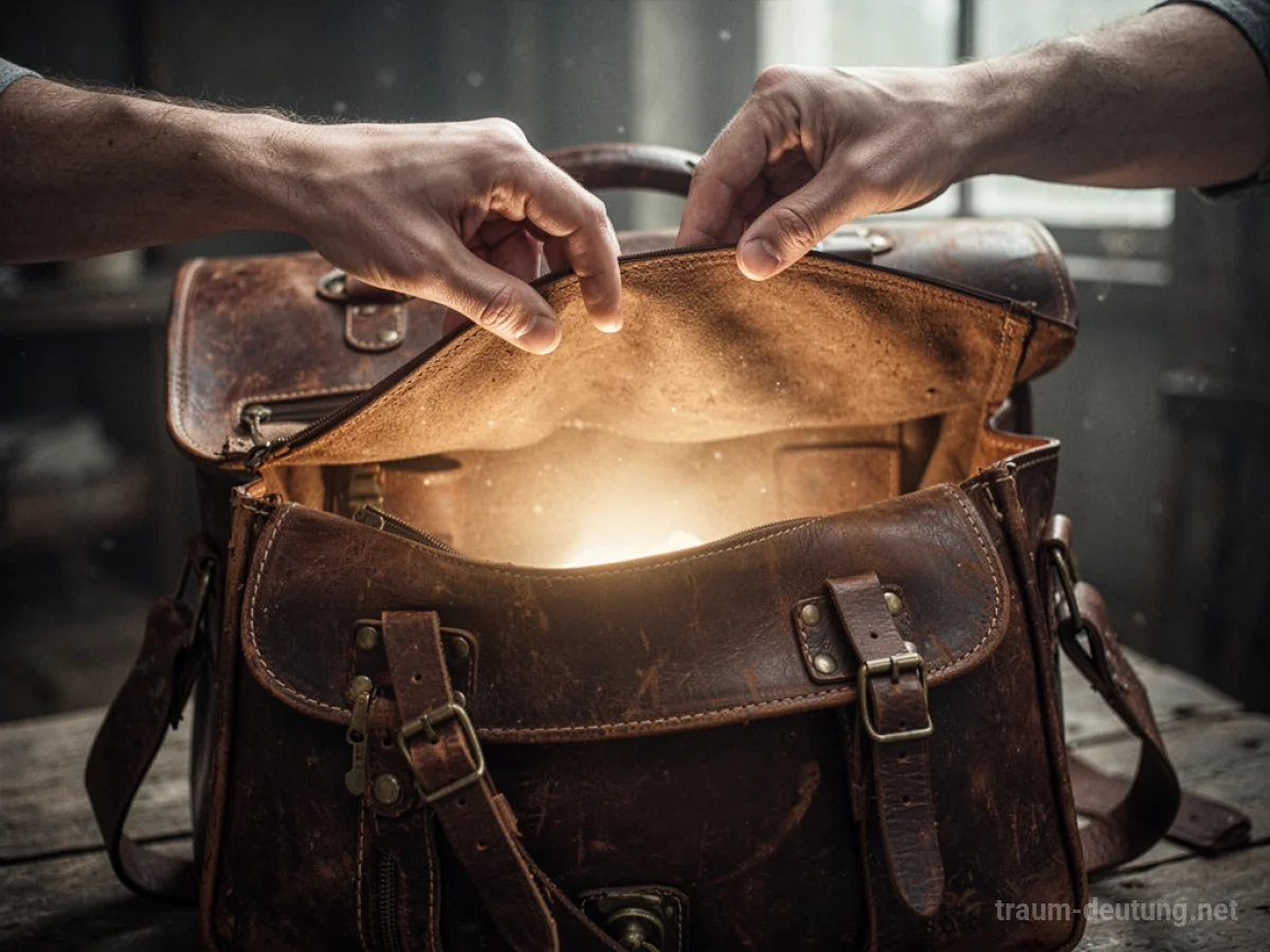 Eine Hand öffnet eine alte Ledertasche, Licht dringt heraus.
