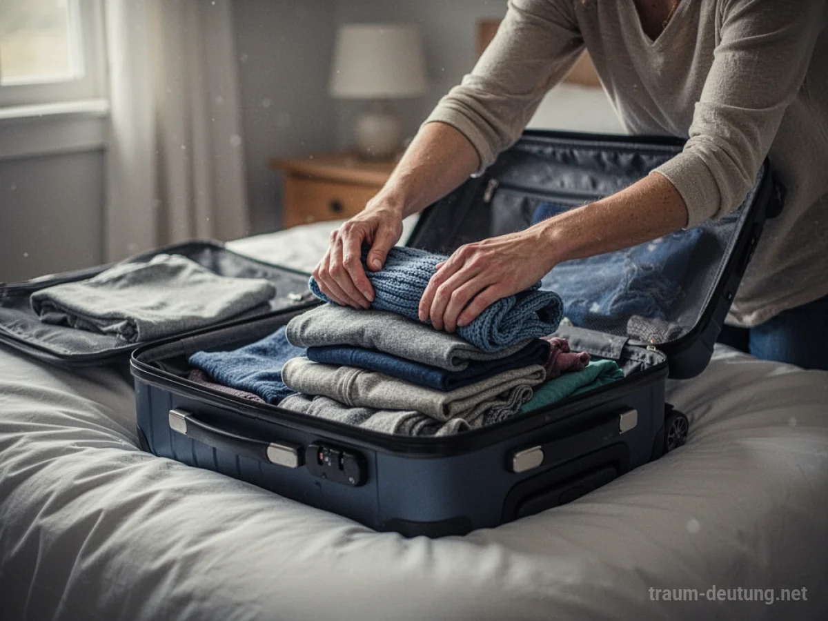 Hände packen Kleidung in einen offenen Koffer.