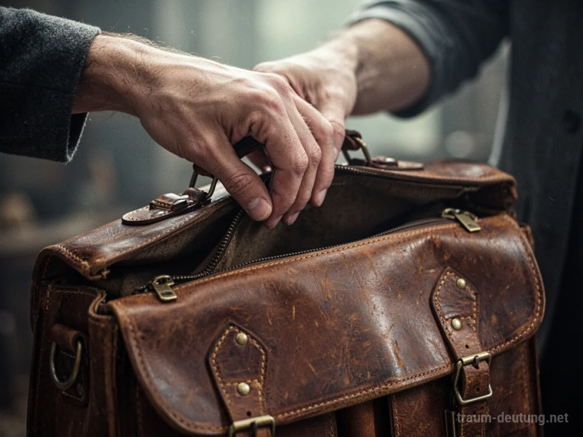 Eine Hand schließt eine alte Ledertasche.