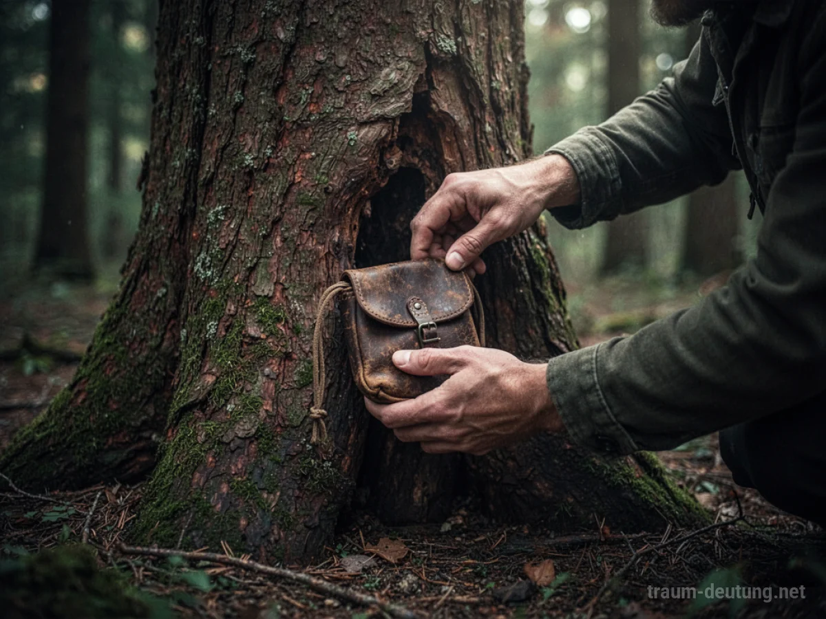 Hände verstecken eine Leder-Tasche hinter einem Baumstamm im Wald.