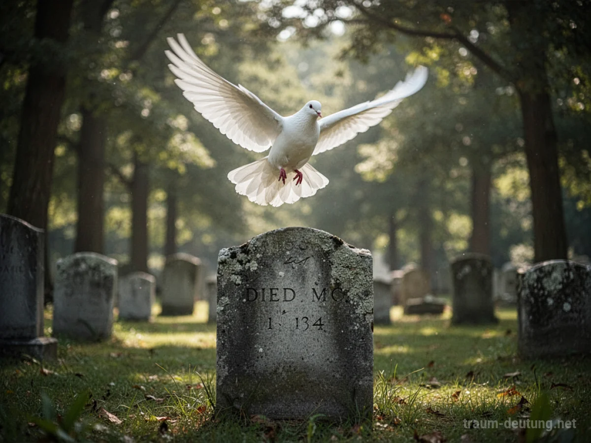 Weiße Taube fliegt über einem Grabstein auf einem Friedhof.