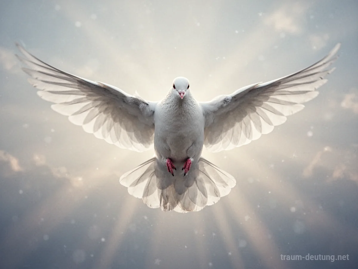 Weiße Taube fliegt auf den Betrachter zu, sanfter Lichtschein im Hintergrund.