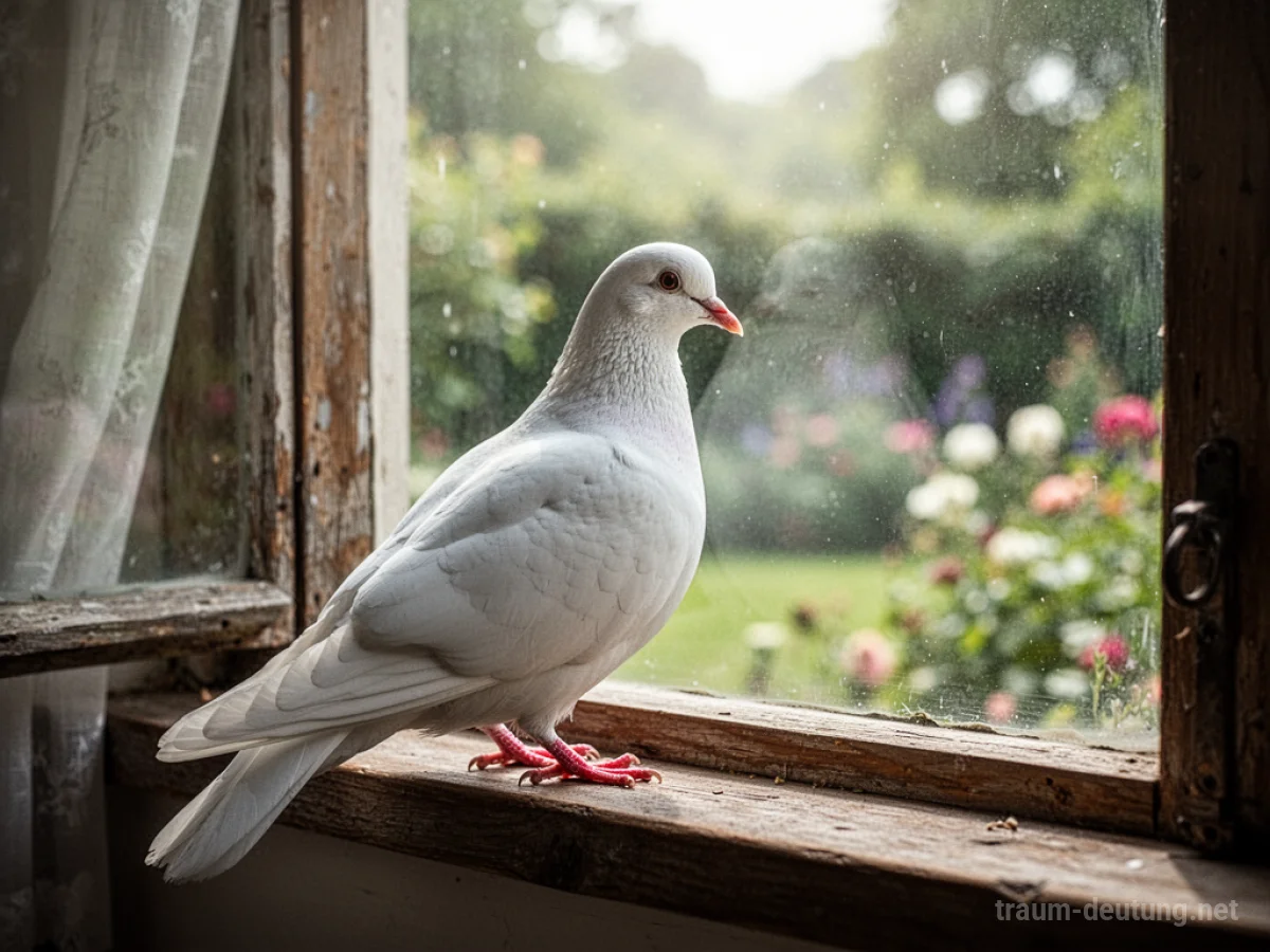 Eine weiße Taube sitzt auf einem Fensterbrett und blickt nach draußen.
