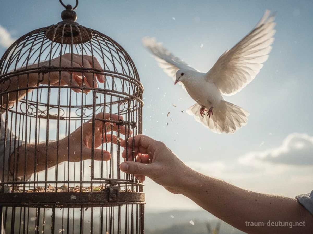 Eine Hand öffnet einen Käfig, aus dem eine weiße Taube in den Himmel fliegt.