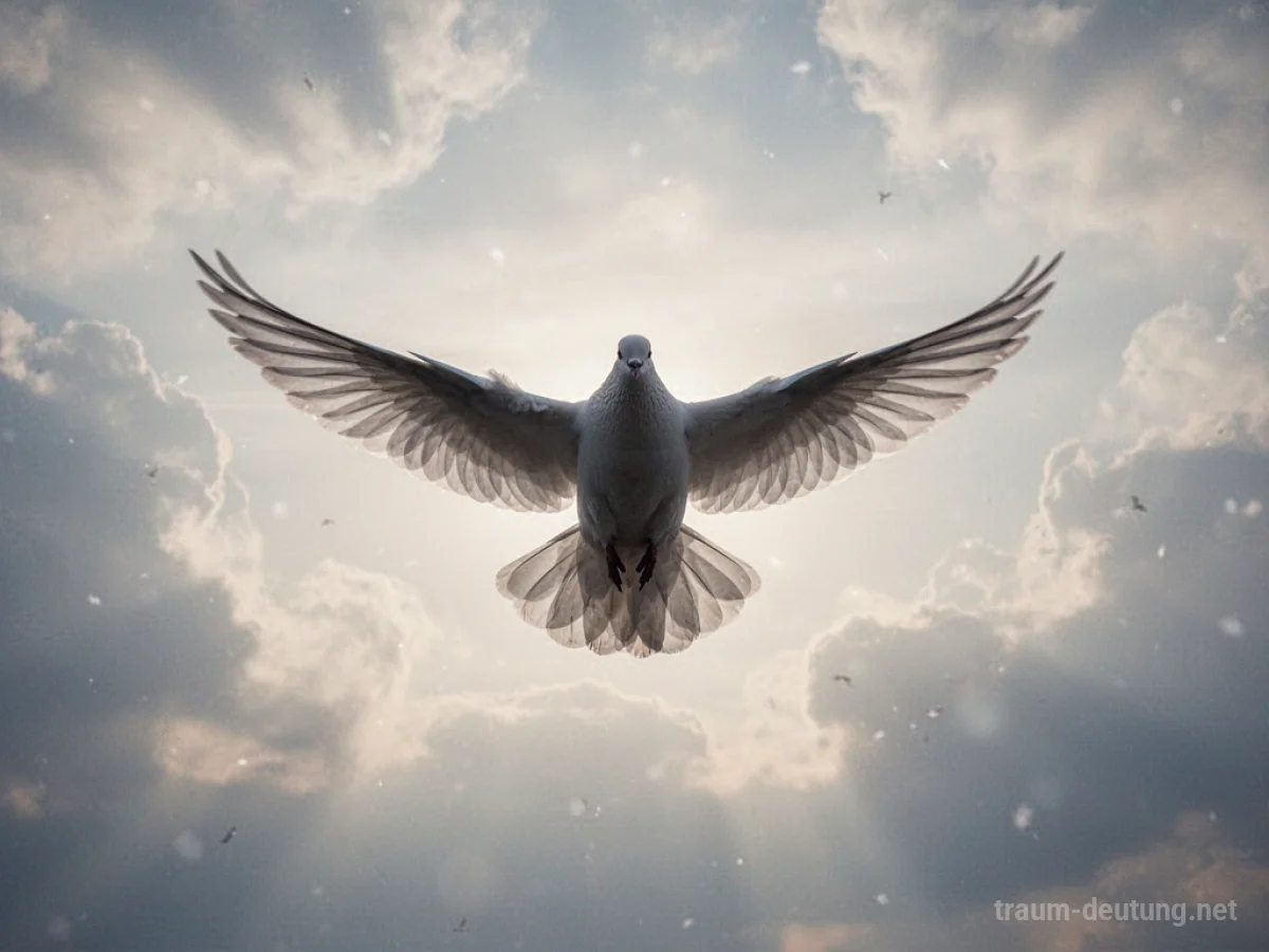 Eine weiße Taube fliegt vom Betrachter weg in einen hellen Himmel.