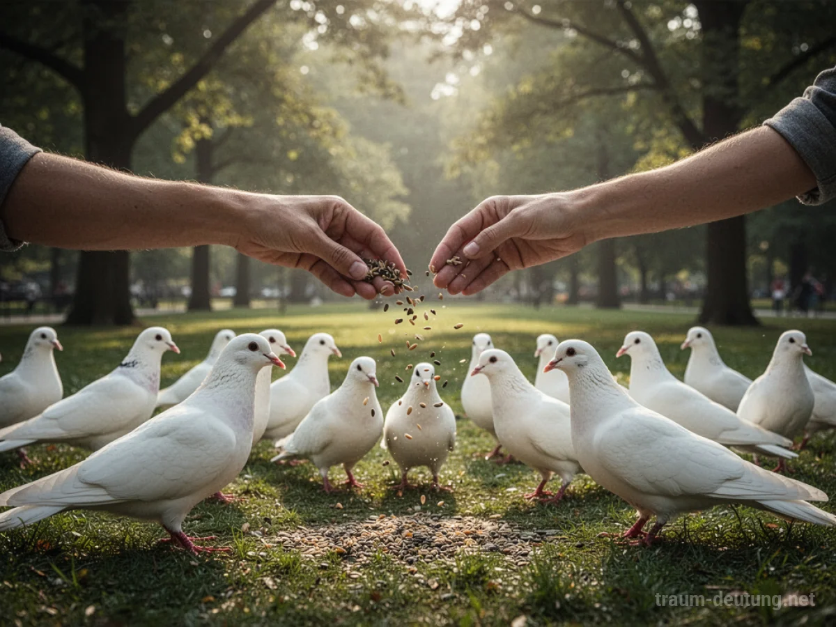 Eine Hand streut Körner für Tauben in einem Park.