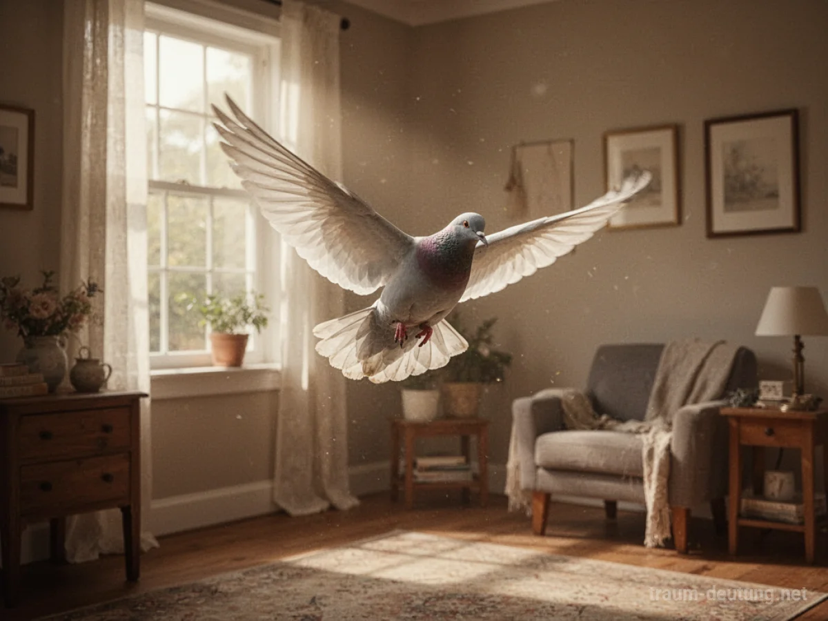 Eine weiße Taube fliegt friedlich in einem hellen Wohnzimmer.