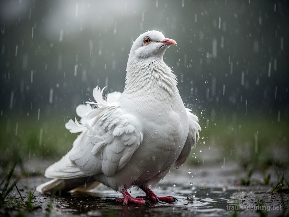 Eine Taube steht im Regen und blickt nach oben.