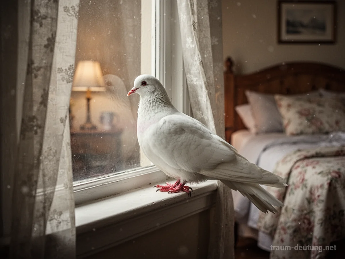 Eine weiße Taube sitzt auf der Fensterbank in einem hellen Schlafzimmer.