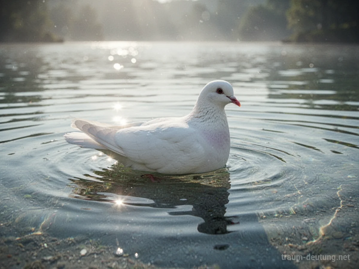 Eine weiße Taube schwimmt ruhig auf klarem Wasser.
