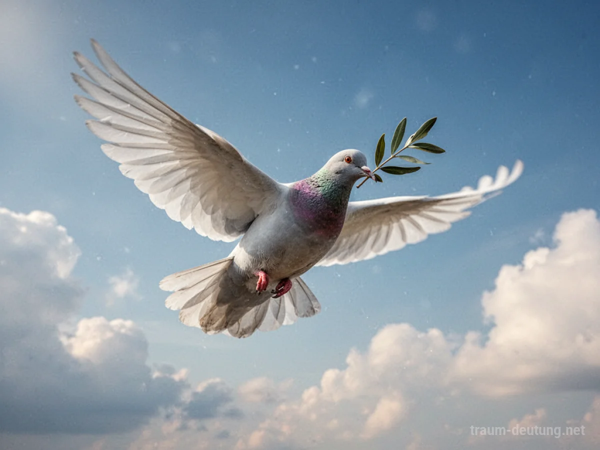 Eine weiße Taube mit einem grünen Ölzweig im Schnabel fliegt durch einen blauen Himmel.