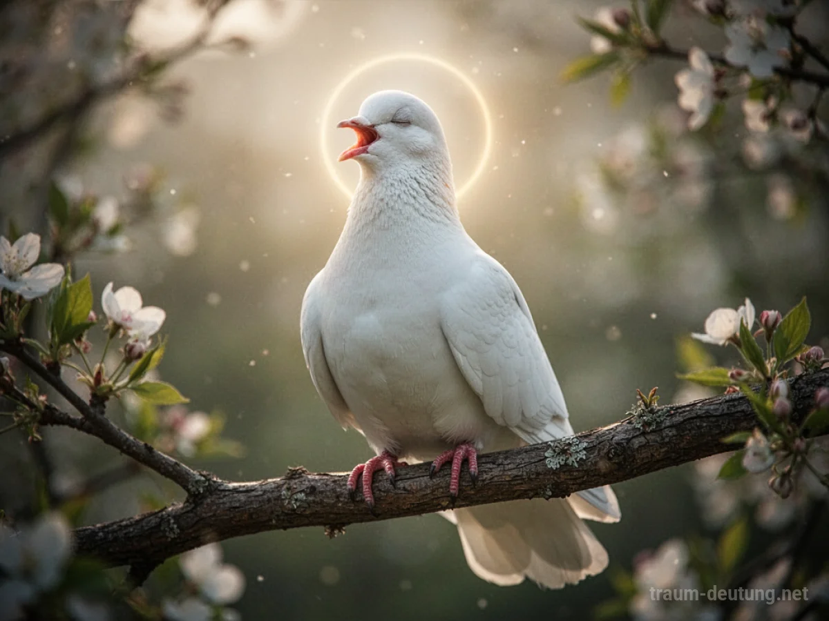 Eine weiße Taube singt auf einem Ast im sanften Licht.