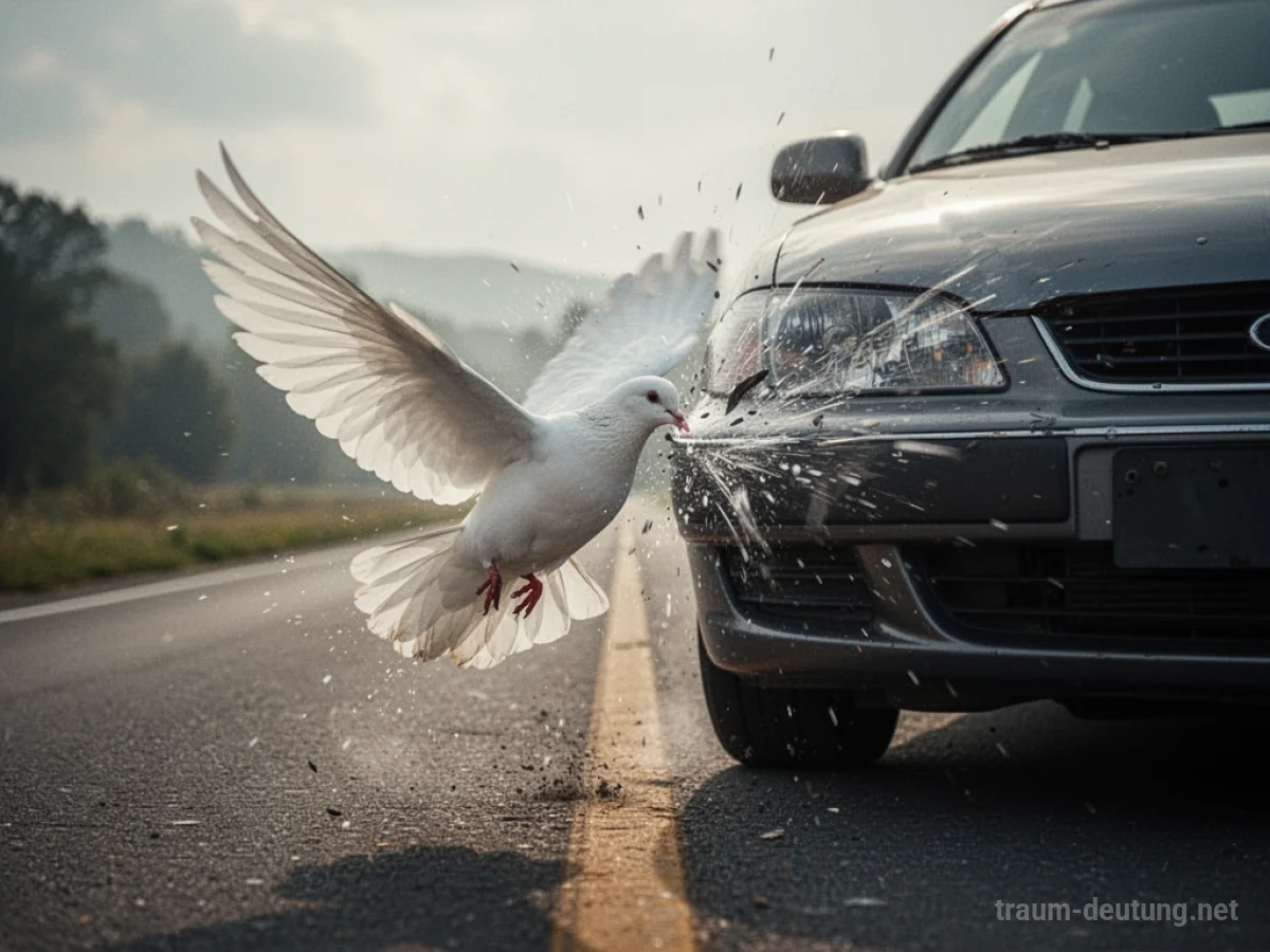 Eine weiße Taube fliegt vor ein fahrendes Auto.