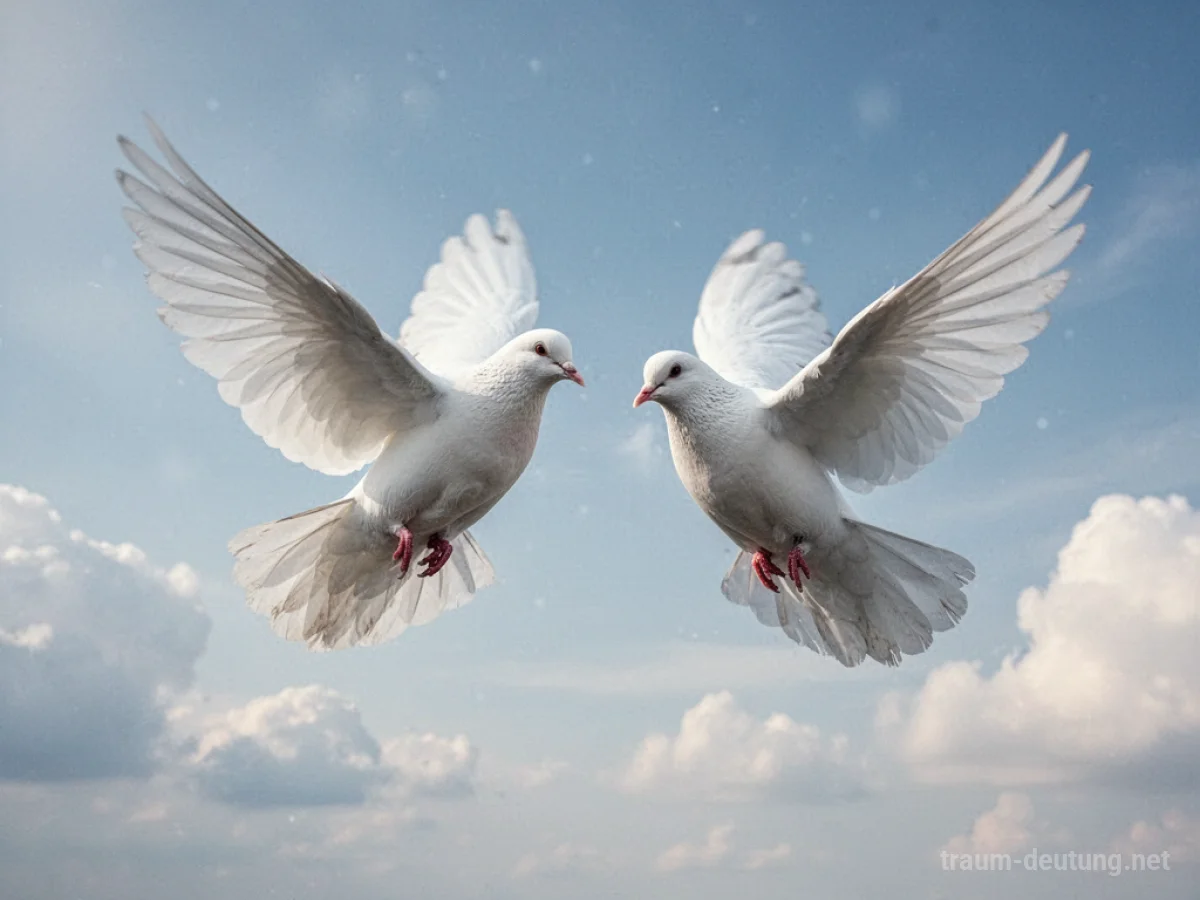 Zwei weiße Tauben fliegen friedlich nebeneinander am Himmel.