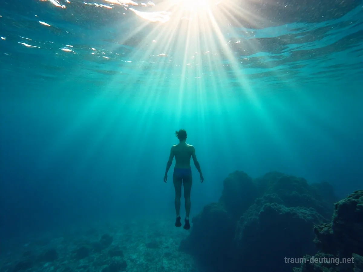 Eine Person taucht in einem ruhigen, blauen Meer, Sonnenlicht dringt von oben ein.