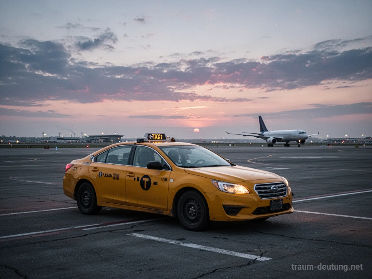 Ein gelbes Taxi wartet auf dem Rollfeld eines Flughafens bei Dämmerung.