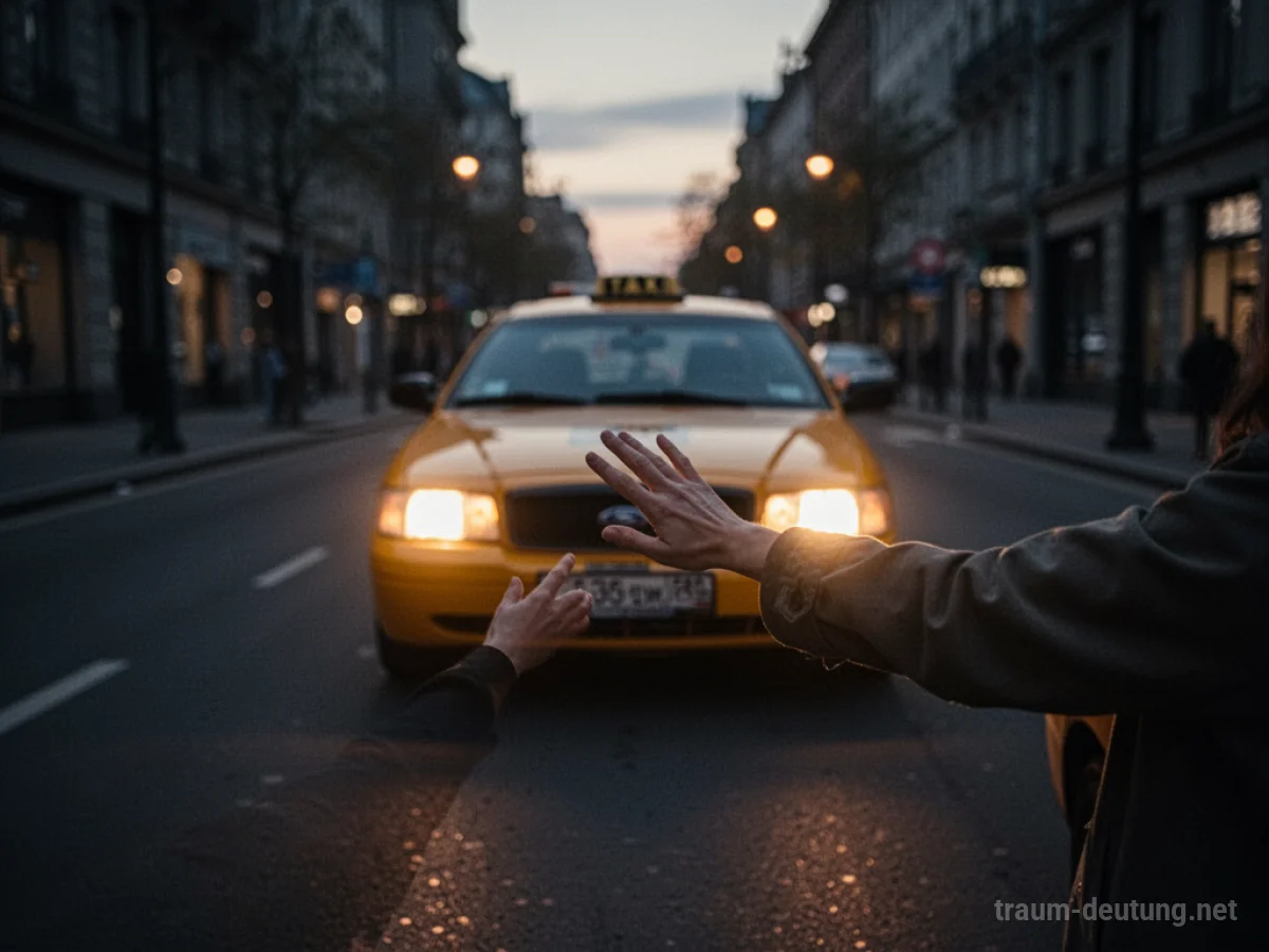 Hand winkt einem Taxi auf einer einsamen Straße im Dämmerlicht