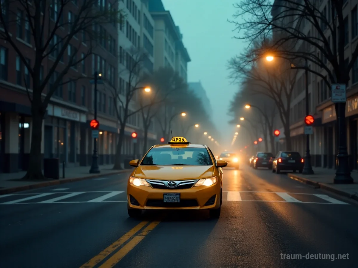 Gelbes Taxi fährt langsam auf einer leeren, nebligen Straße im Abendlicht.