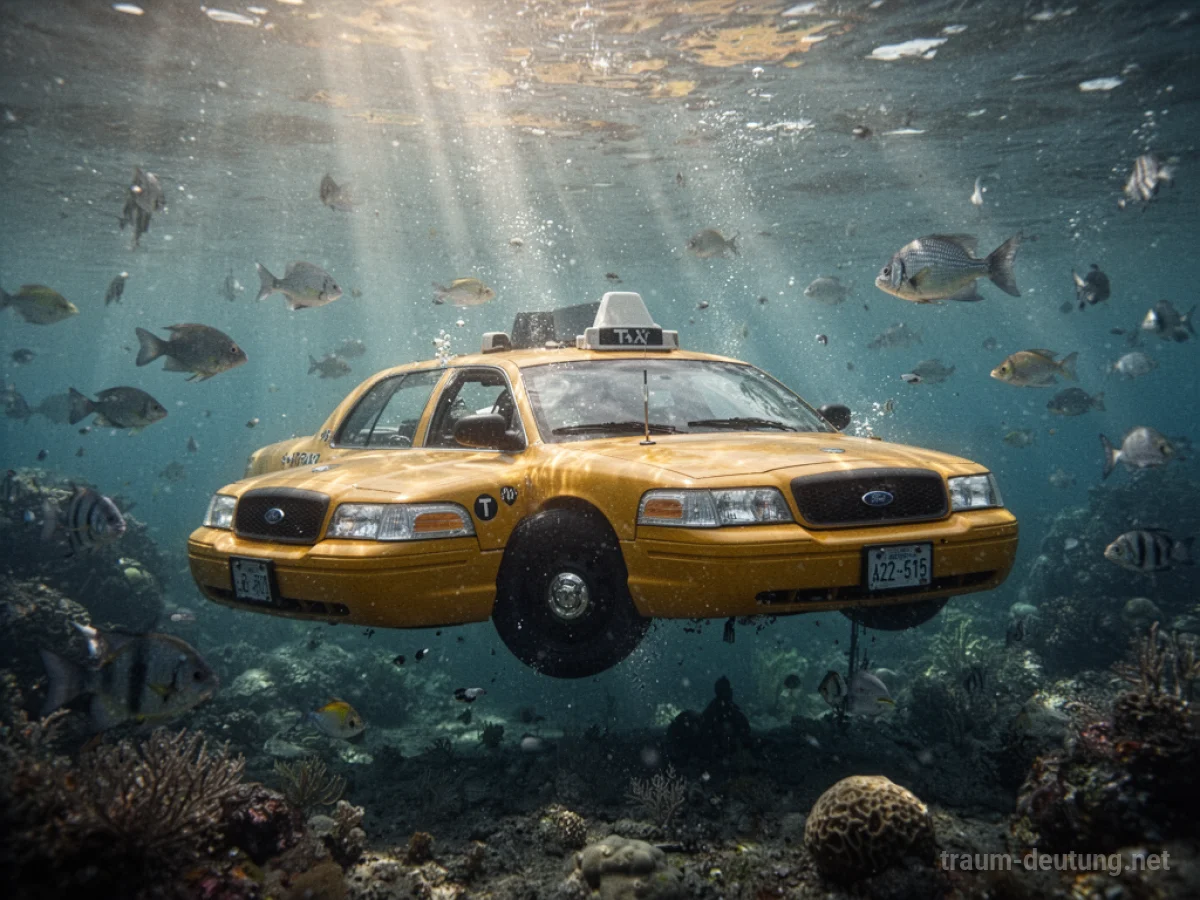 Ein gelbes Taxi unter Wasser, umgeben von Fischen und Korallen.