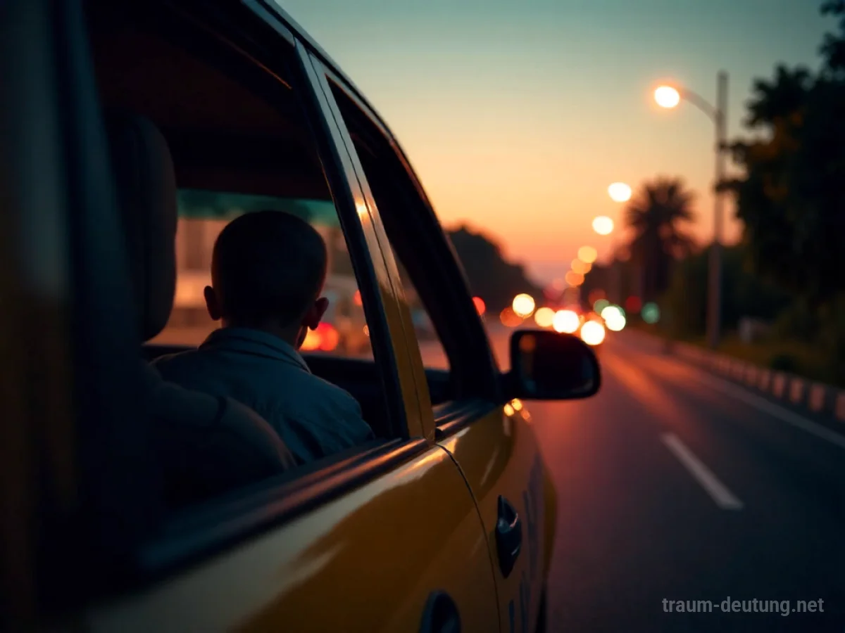 Taxi mit Baby-Silhouette im Rückfenster bei Dämmerung