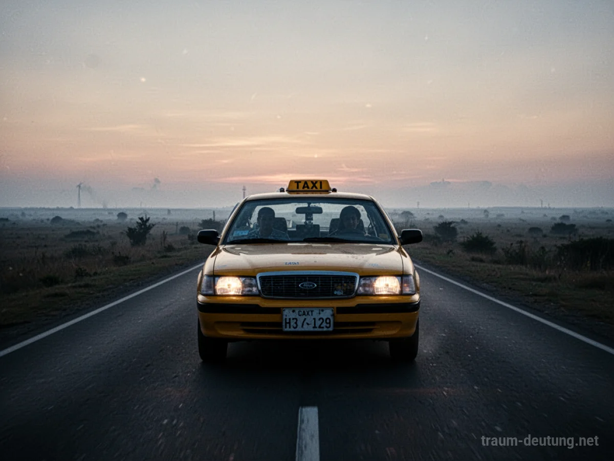 Ein Taxi fährt auf einer Straße im Dämmerlicht, fremde Personen sind als Silhouetten im Inneren erkennbar.