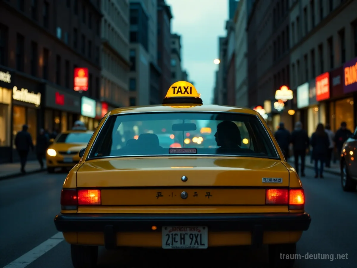 Ein Taxi mit einem Freund am Steuer auf einer Stadtstraße bei Dämmerung