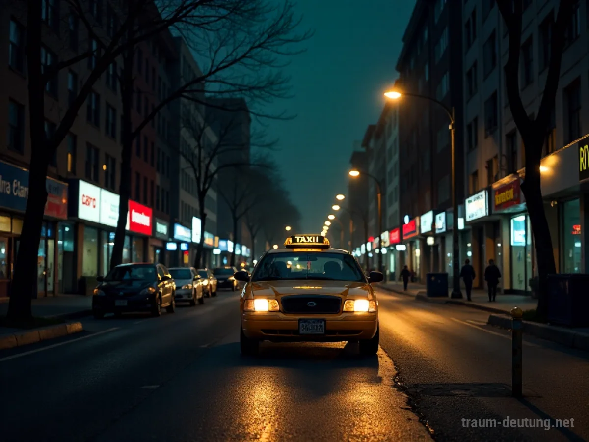 Ein Taxi fährt nachts allein durch eine dunkle, leere Straße.