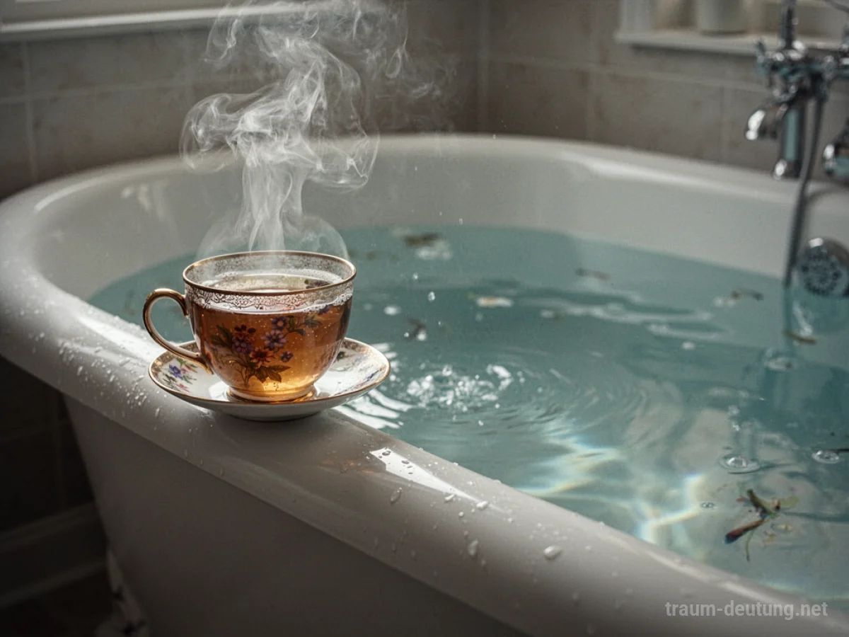 Eine dampfende Tasse Tee neben einer gefüllten Badewanne