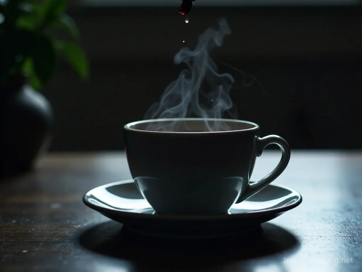 Tasse Tee mit Tropfen dunkler Flüssigkeit von oben