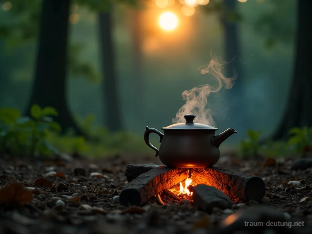 Ein dampfender Teekessel über einem Lagerfeuer in einer Waldlichtung.