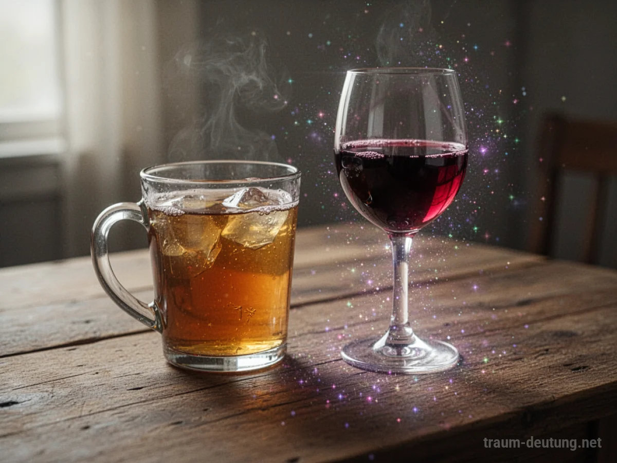 Glas Tee verwandelt sich in Glas Wein auf Tisch
