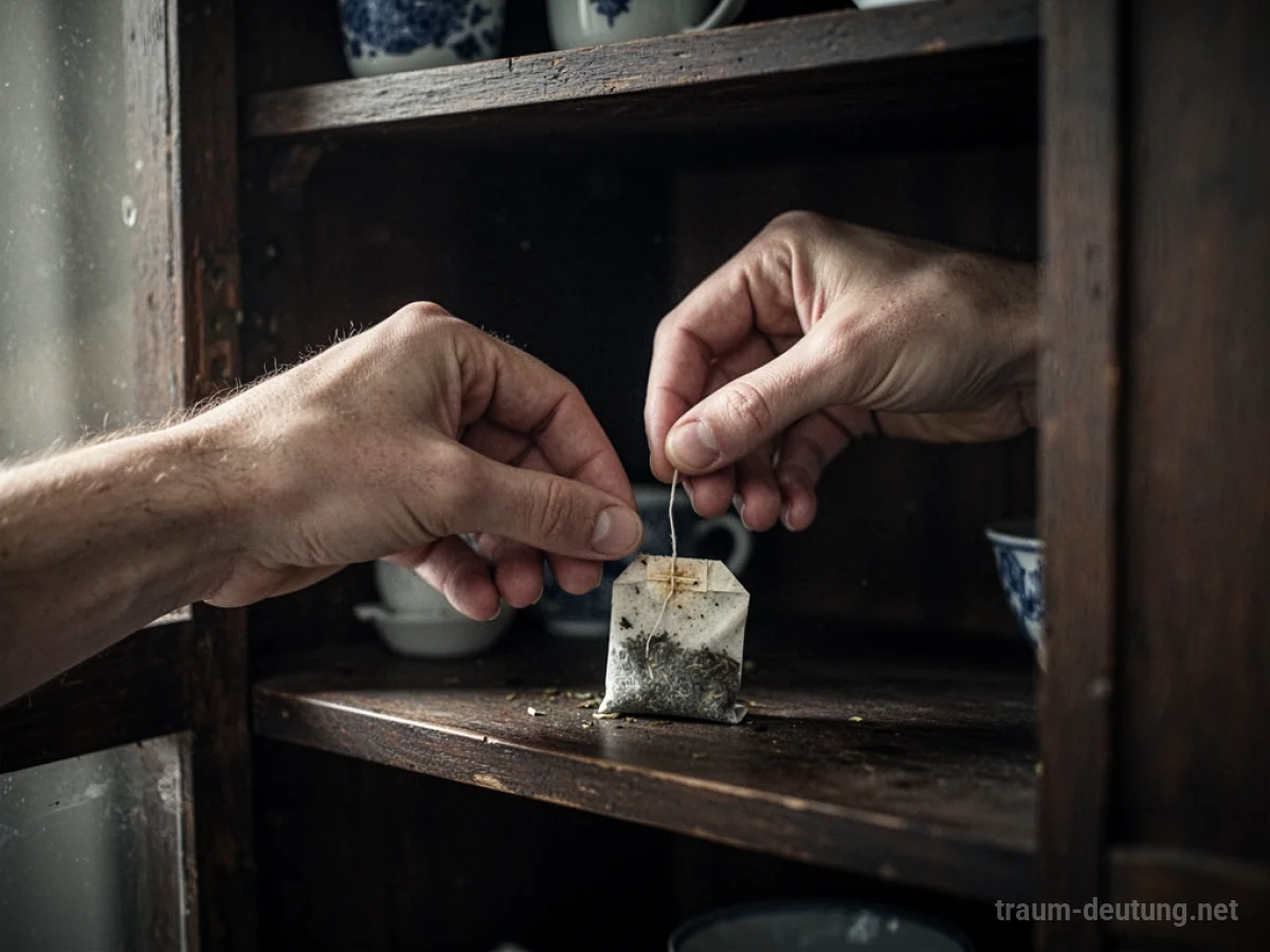 Hand greift im Dunkeln nach einem einzelnen Teebeutel.