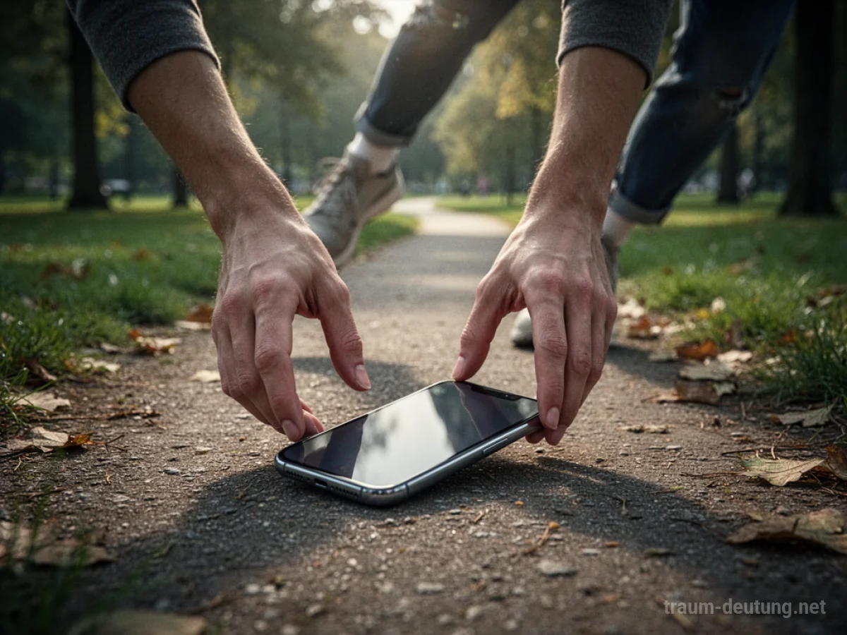 Hände greifen nach einem Smartphone, das auf einem Weg liegt