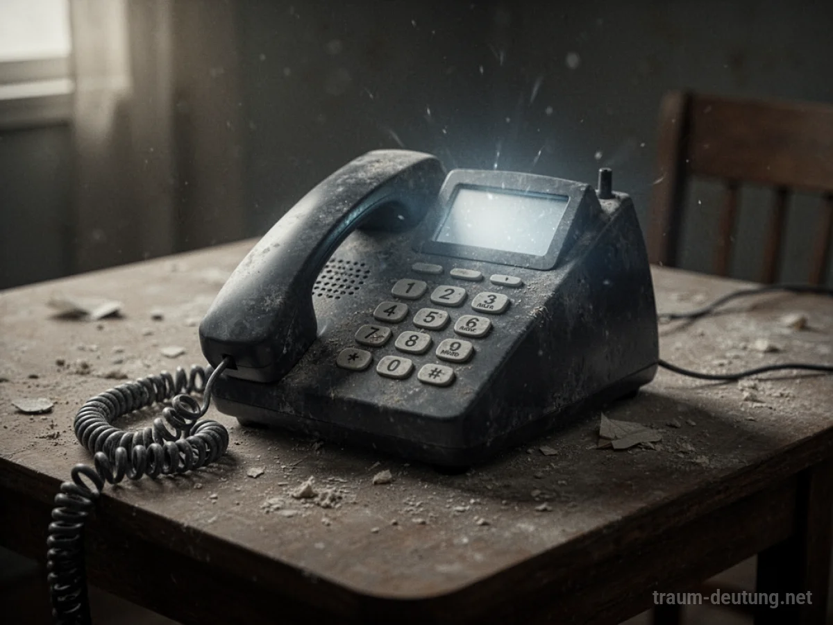 Ein altes Telefon, dessen Display nicht leuchtet, auf einem staubigen Tisch.