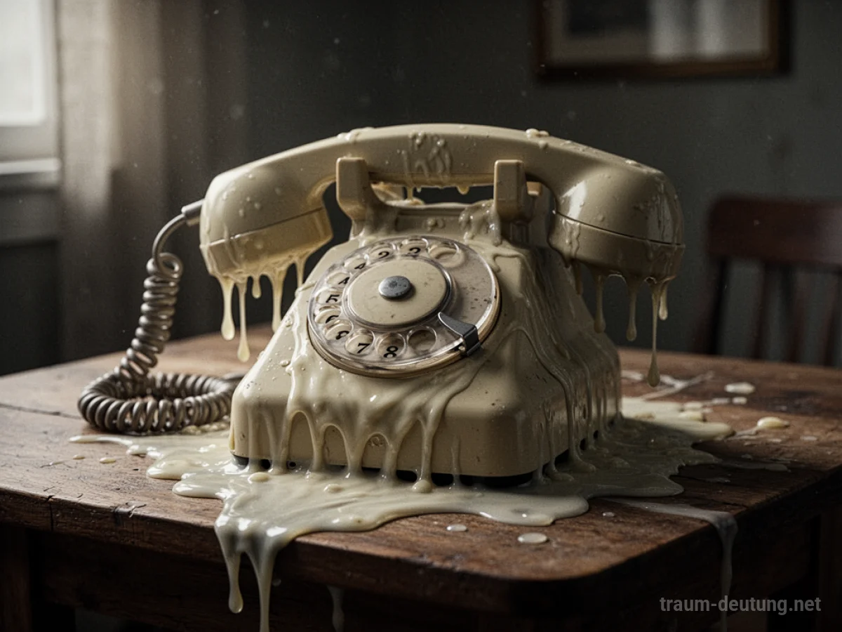 Ein schmelzendes Telefon auf einem Holztisch in einem dunklen Raum