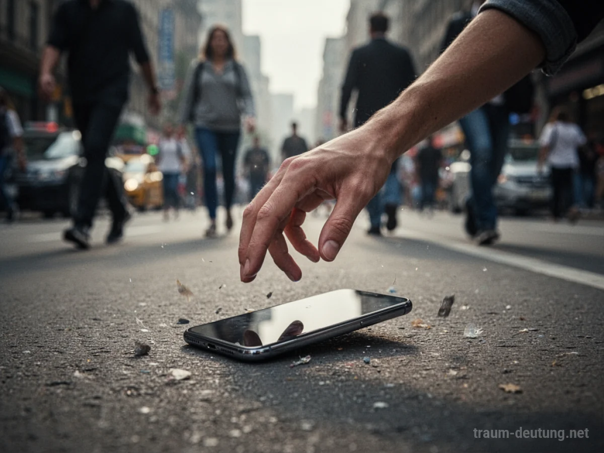 Hand greift nach einem verlorenen Smartphone auf einer belebten Straße.