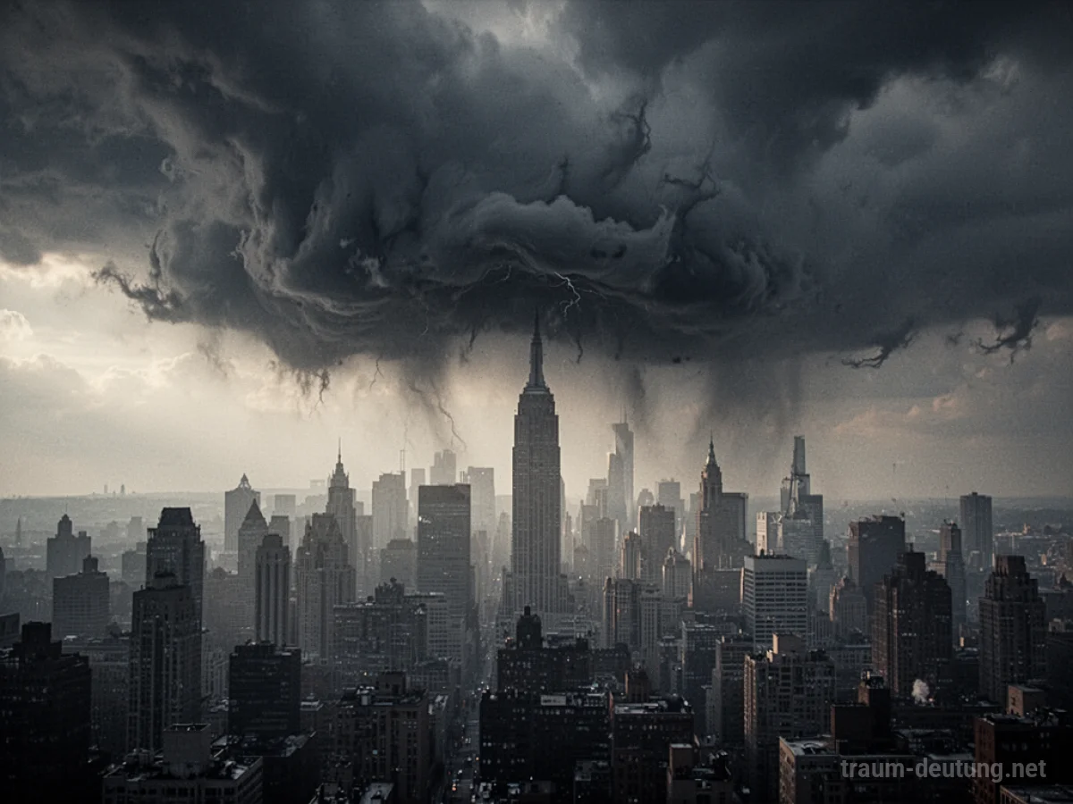 Dunkle Wolken über einer Stadt-Silhouette, die einen Terroranschlag symbolisieren könnten.