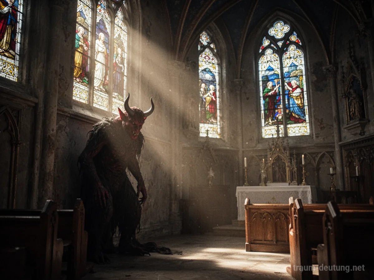 Schattenhafte Figur eines Teufels im dunklen Winkel einer Kirche