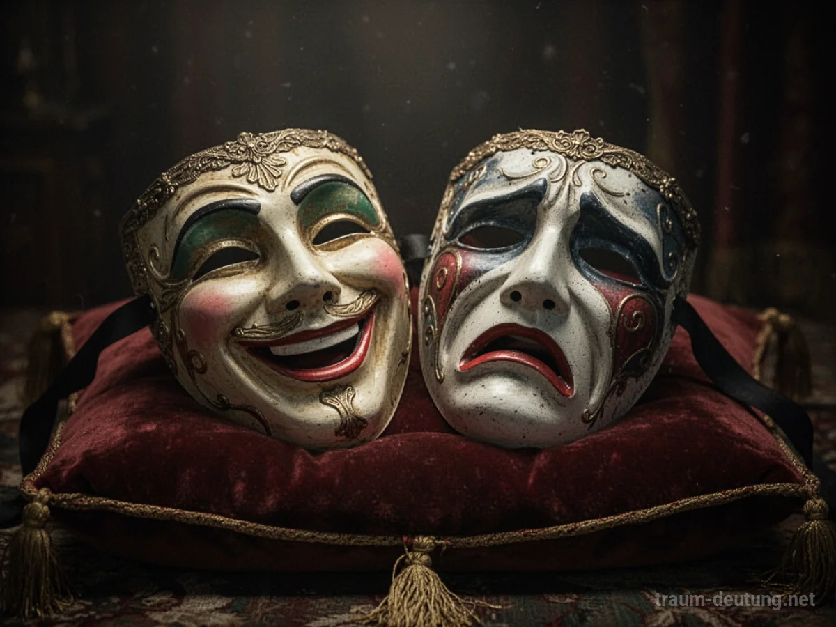 Zwei Theatermasken, eine lachend, eine traurig, auf Samtkissen
