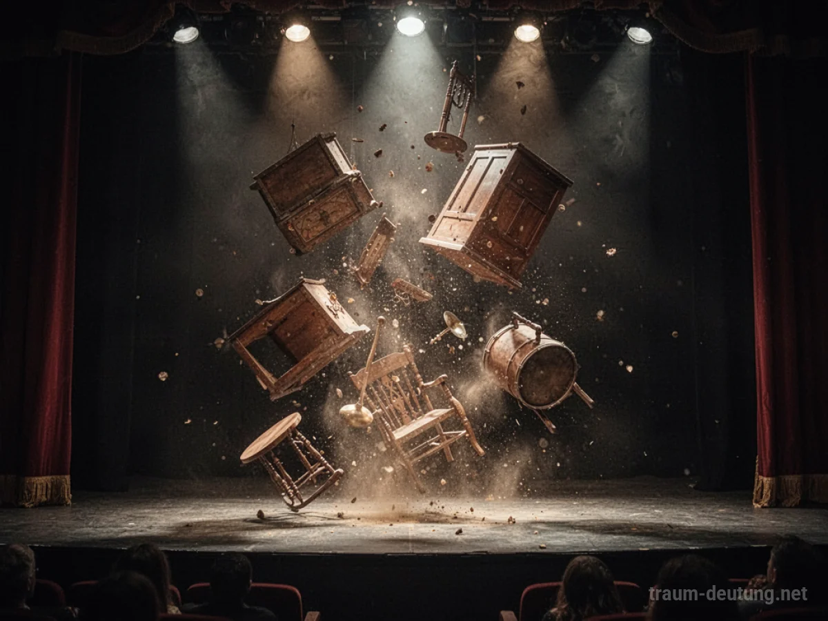 Theaterrequisiten fallen von der Bühne herab im Traum