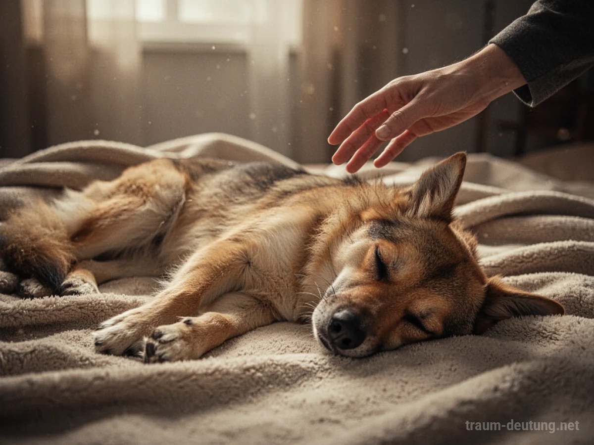 Ein krankes Haustier liegt erschöpft auf einer Decke, eine Hand ist sanft in der Nähe.
