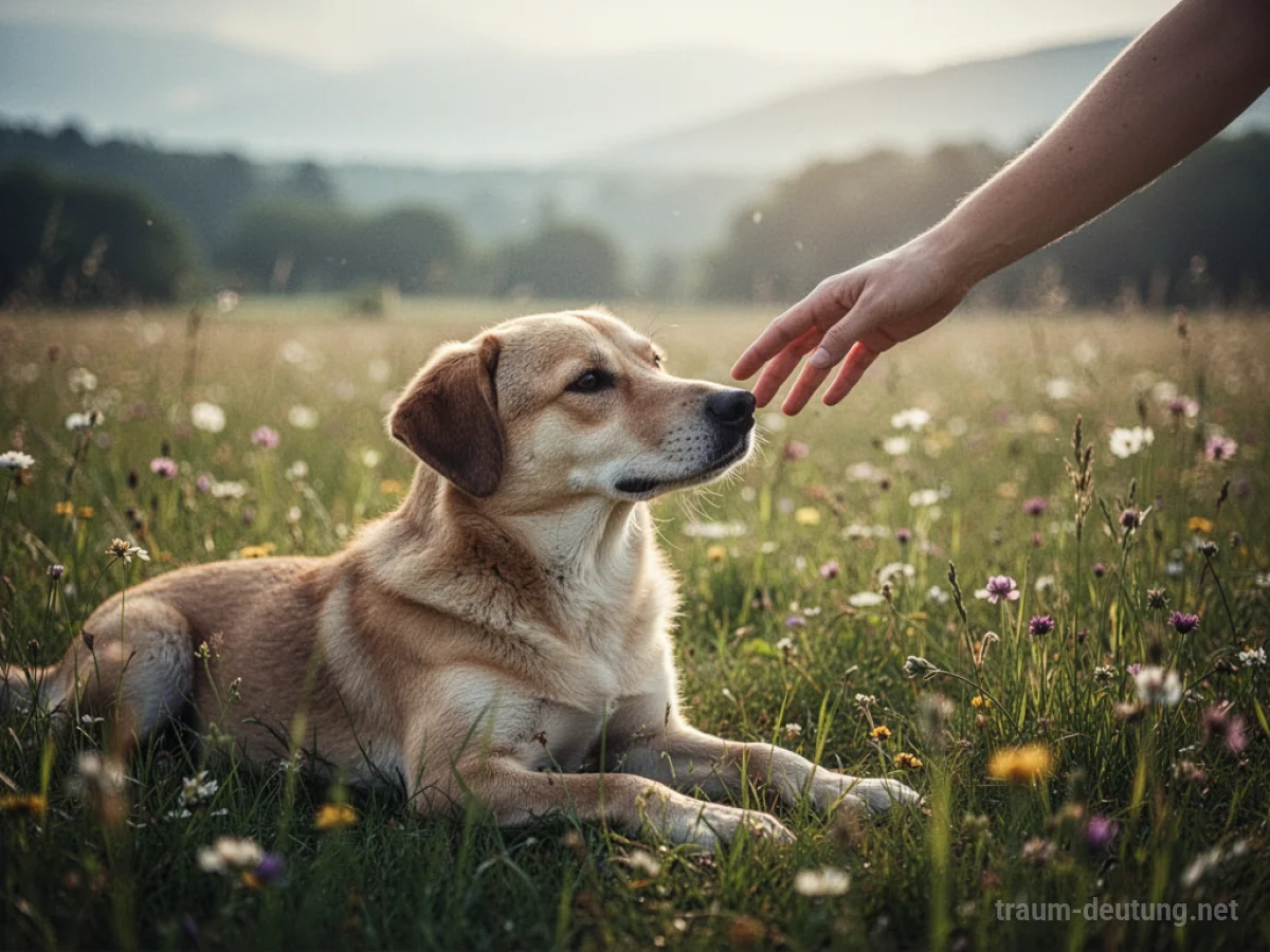 Hand streichelt einen freundlichen Hund auf einer Wiese