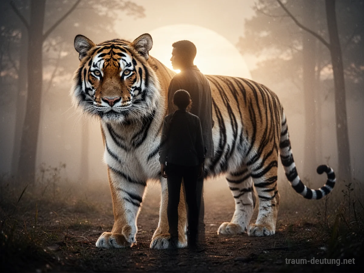 Ein Tiger steht schützend vor einer Person im warmen Licht.