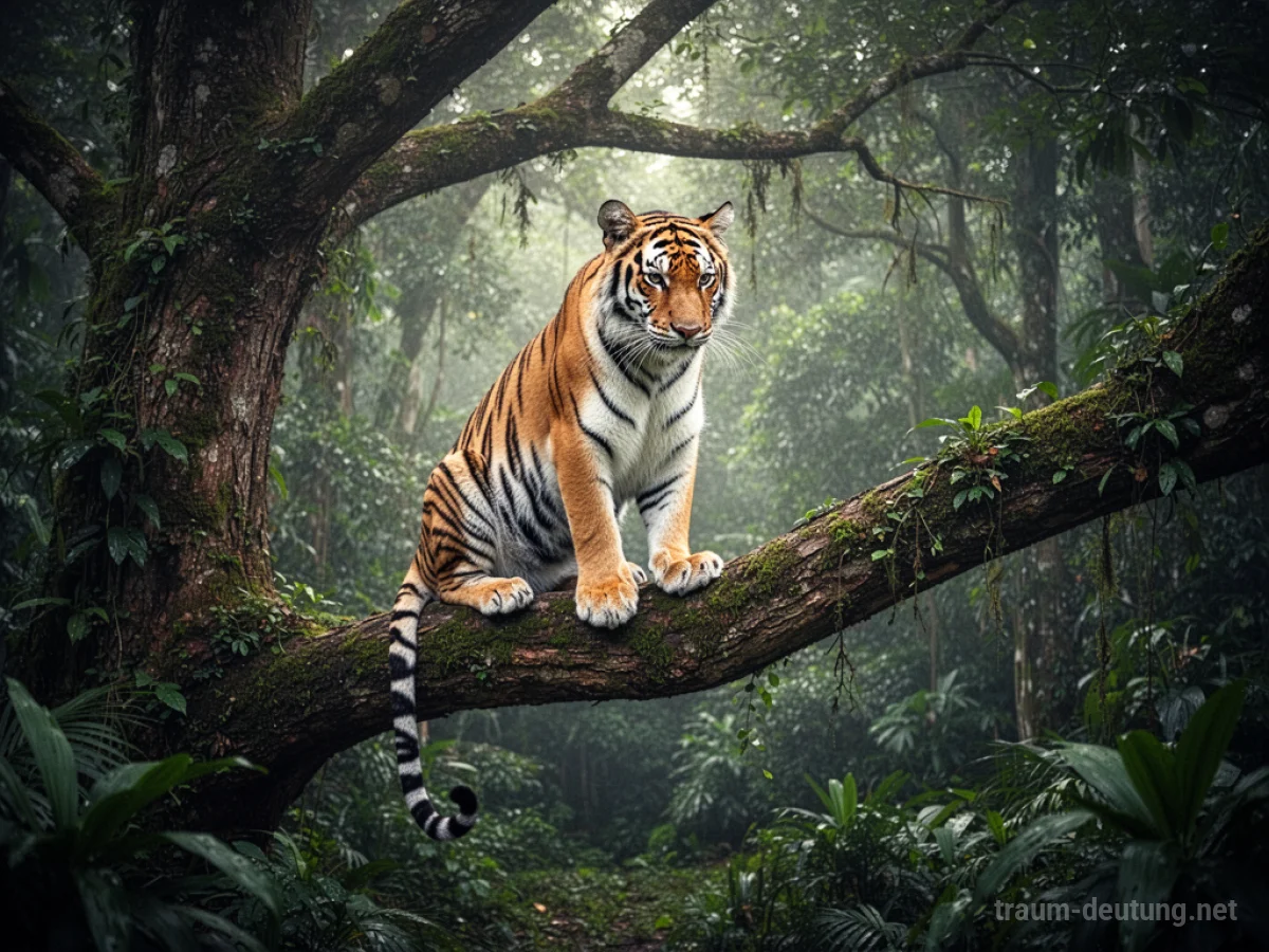 Tiger sitzt ruhig auf einem Ast eines Baumes im Dschungel.