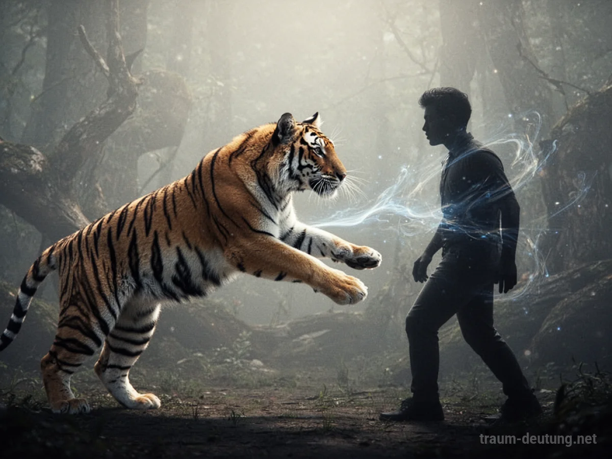 Silhouette eines Tigers, der auf eine menschliche Silhouette zustürmt, Symbol für einen Biss im Traum.
