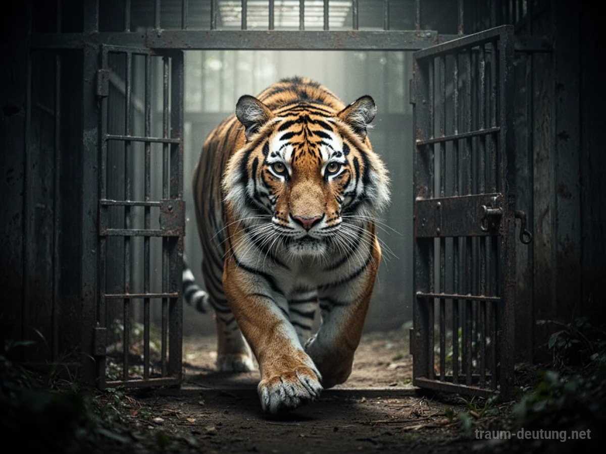 Tiger verlässt geöffneten Käfig, blickt entschlossen nach vorn