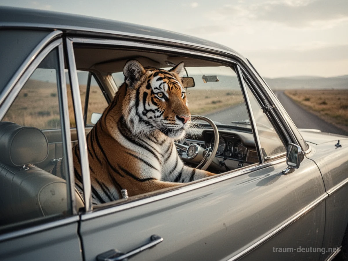Ein Tiger sitzt auf dem Fahrersitz eines Autos in einer offenen Landschaft.