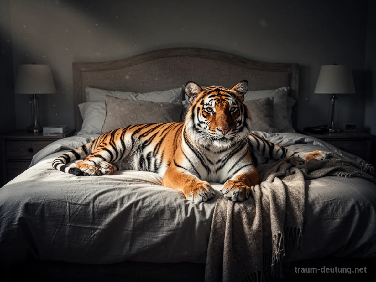 Ein Tiger liegt ruhig auf einem Bett in einem Schlafzimmer.